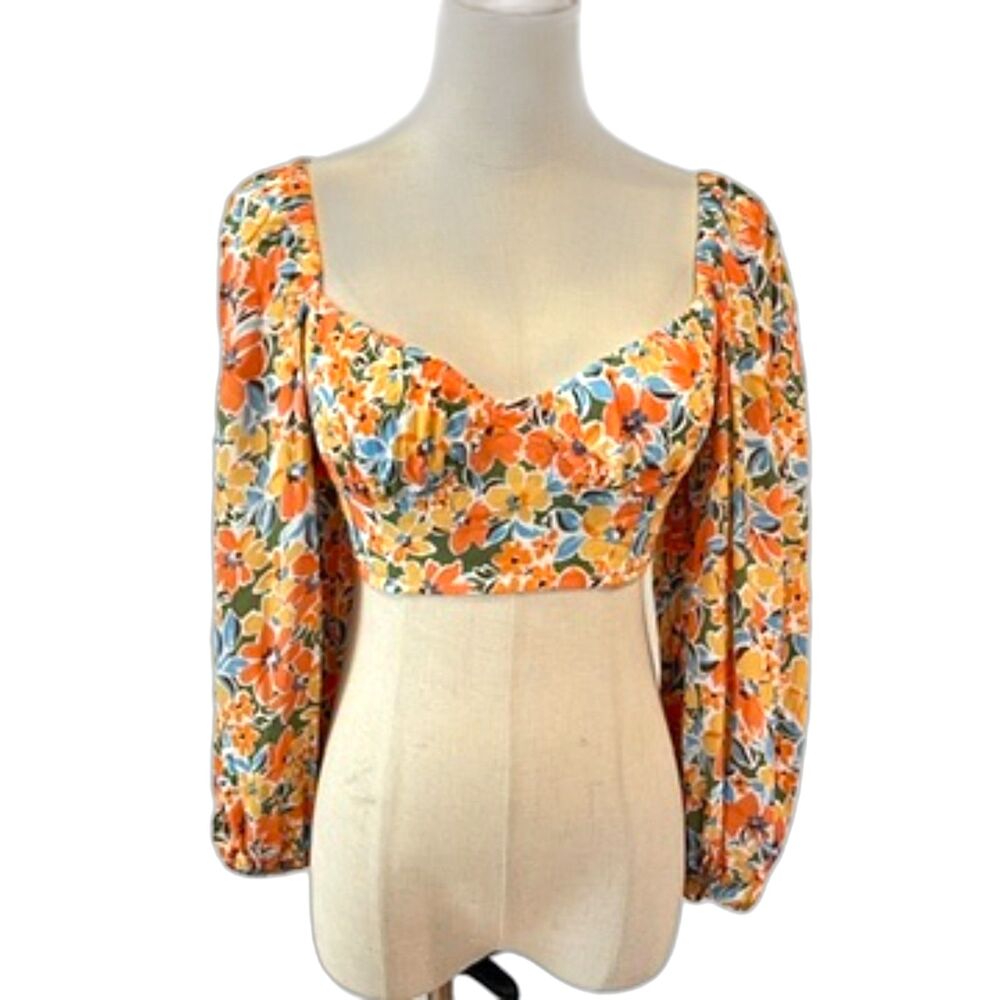 L Space Orange Floral Crop Top Long Sleeves Small Sweetheart Neckline